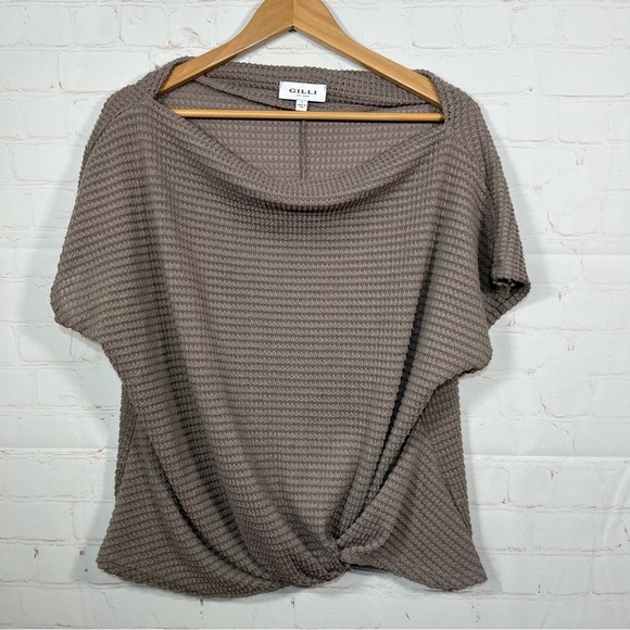 Gilli Waffle Knit Top Womens Size Large Brown Tie Front Short Sleeve Boat Neck - Picture 1 of 11